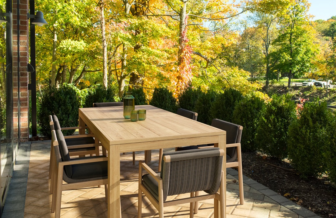 An outdoor table with seating surounded by nature and trees